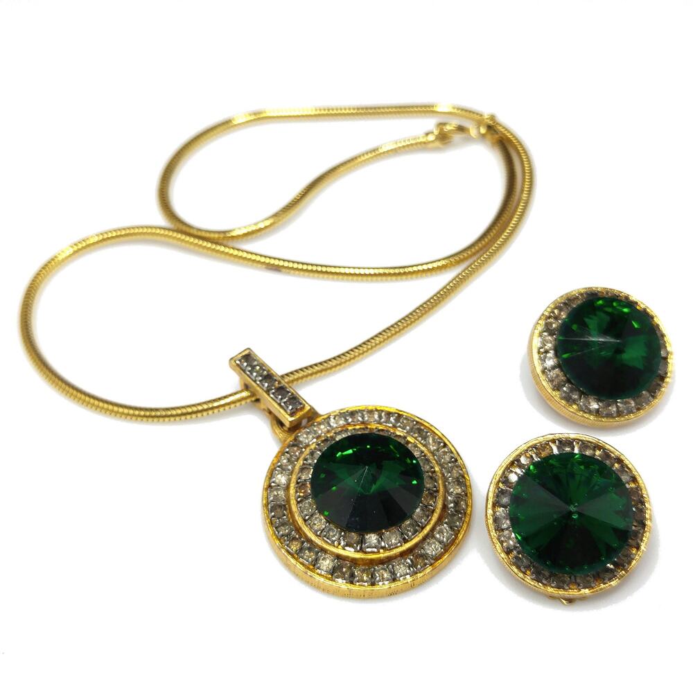 Vintage Green Rivoli Necklace & Earrings, Pave Clear Rhinestones, 1970s Vintage